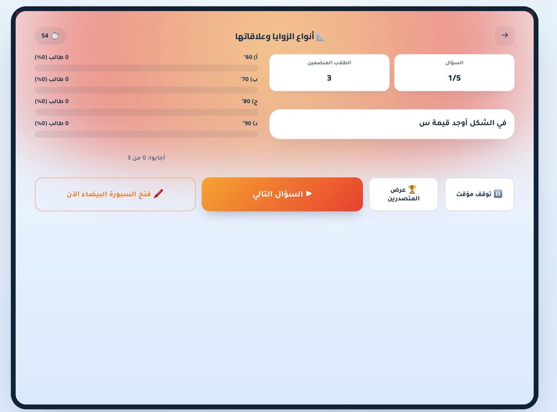 لوحة المعلم: السؤال، المؤقت، والنتائج الحية